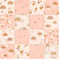 Baby boho seamless patterns. Pack with neutral color repeating pictures with kawaii leaves rainbows moon star simple forms spots. vector
