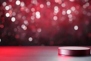 A red and white table with a red light behind it photo