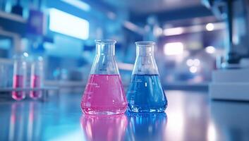 Two laboratory flasks with pink and blue liquids on a lab table. photo