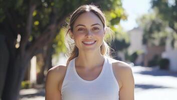 A smiling woman stands outdoors in a casual setting, exuding positivity. photo