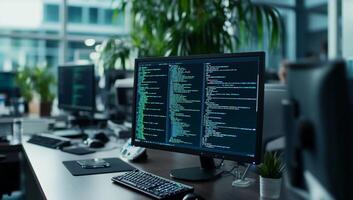 A modern office workspace with coding displayed on computer screens. photo