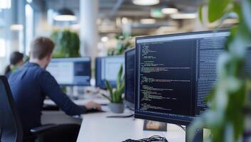 A modern office workspace with computers and programming code displayed. photo