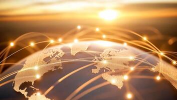A digital representation of global connectivity with a sunset backdrop. photo