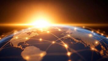 A digital representation of Earth with a sunrise and network connections. photo