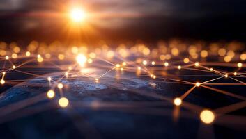 A digital network connecting across a globe, illuminated by sunlight. photo