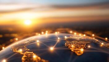 A glowing globe at sunset, symbolizing global connectivity and technology. photo
