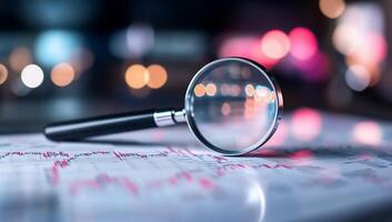 A magnifying glass rests on a document with graphs and data. photo