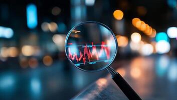 A magnifying glass focusing on a digital graph in a blurred urban setting. photo