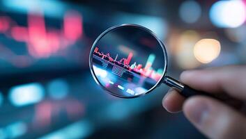 A magnifying glass focusing on a digital data graph. photo