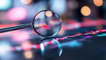 A magnifying glass over a digital graph displaying data trends. photo