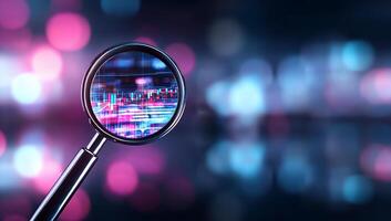 A magnifying glass focusing on colorful data visualizations. photo