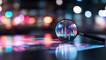 A magnifying glass focuses on a colorful data graph on a table. photo