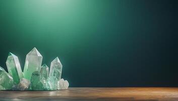 A cluster of green crystals on a wooden surface with a soft background. photo