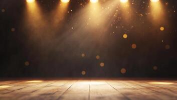A spotlighted stage with warm lighting and a wooden floor. photo