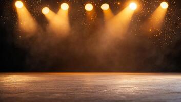 A stage illuminated by warm lights, creating a dramatic atmosphere. photo
