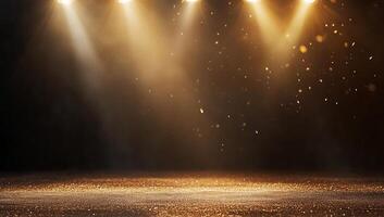 A dramatic stage scene with spotlight beams and shimmering dust. photo