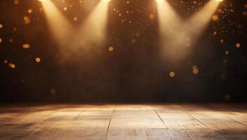 A spotlighted stage with a wooden floor and shimmering lights. photo