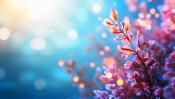 A serene close-up of vibrant pink foliage against a dreamy blue backdrop. photo