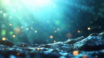 Ethereal underwater scene with light rays and floating particles. photo