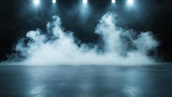 A foggy stage illuminated by bright lights, creating a dramatic atmosphere. photo