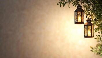 Two decorative lanterns hanging with soft light against a textured background. photo