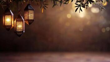 Three ornate lanterns hang softly, illuminating a warm, inviting space. photo