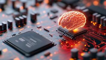 A brain hovering above a microchip, symbolizing AI and technology. photo