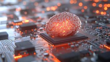 A brain model on a circuit board, symbolizing AI and technology. photo