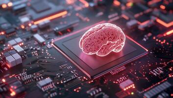 A digital brain on a circuit board, symbolizing AI and technology. photo