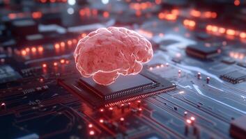 A digital brain hovering above a circuit board, symbolizing AI and technology. photo