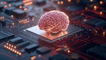 A brain positioned on a circuit board, symbolizing AI and technology. photo