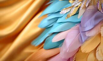 A close-up of colorful feathers and fabric textures. photo