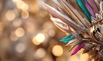 A colorful masquerade mask adorned with feathers and jewels. photo