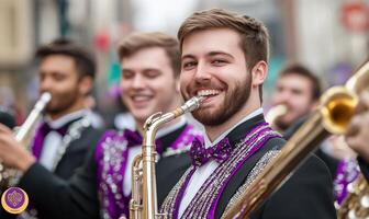Musicians smiling while playing instruments in a festive parade. photo