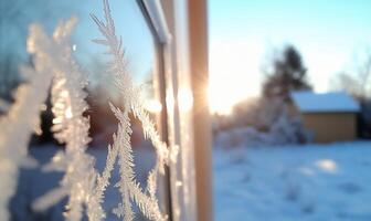 Frost patterns on a window with a snowy landscape in the background. photo