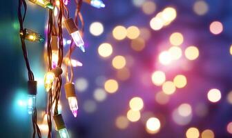 Colorful string lights create a festive atmosphere with blurred bokeh. photo
