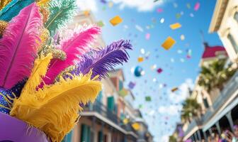 A vibrant street scene with colorful feathers and confetti celebrating. photo