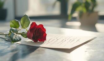 A single red rose on a table with a handwritten note photo