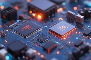Close-up of a printed circuit board with illuminated components. photo