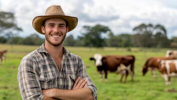 A smiling farmer stands confidently in a field with grazing cows. photo