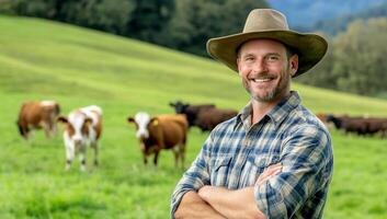 A smiling farmer stands in a green field with cows grazing nearby. photo