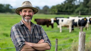 A smiling man standing in front of a fence with cows in the background photo