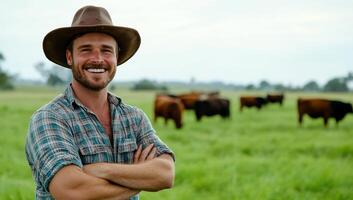 Smiling farmer in a field with grazing cows in the background. photo