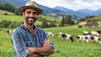 Smiling farmer stands in a lush field with cows grazing nearby. photo