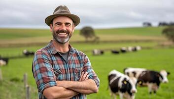 A smiling farmer stands in a field with cows grazing in the background. photo