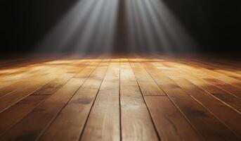 A wooden floor illuminated by beams of light, creating a dramatic effect. photo