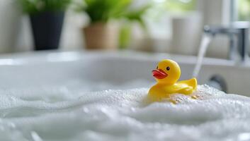 A rubber duck floating in a bathtub photo