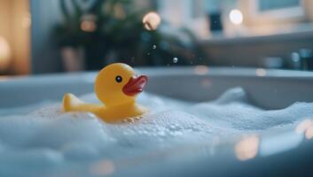 A rubber duck floating in a bathtub photo