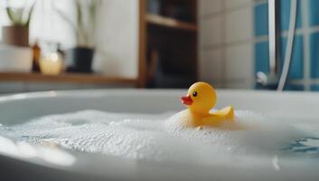 A rubber duck floating in a bubbly bath, creating a relaxing atmosphere. photo