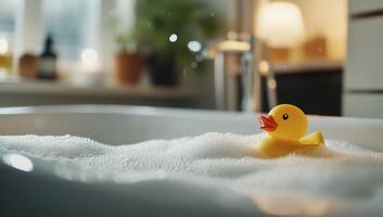A rubber duck sits in a bathtub with soap photo